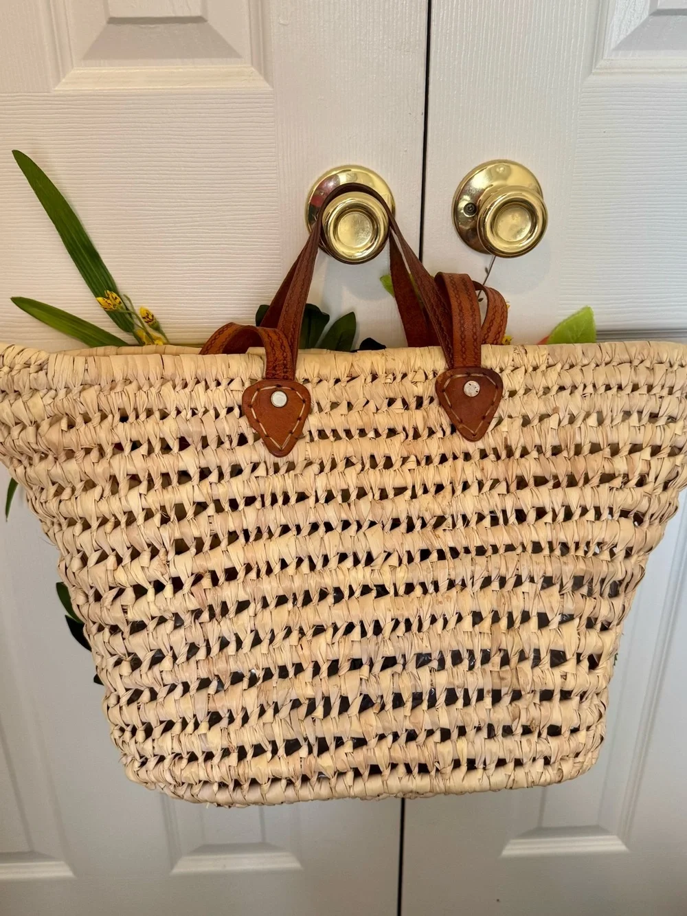 Woven Straw Tote with Orange-Red Floral Accents